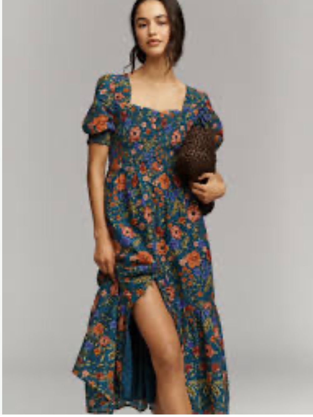 Anthropologie Teal Floral High-Low Midi Dress with Puff Sleeves